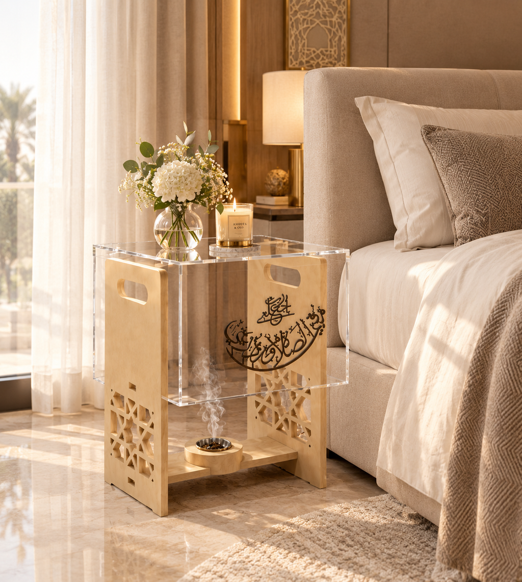 Luxury Bakhoor Side Table – Acrylic & Wood Islamic Decor(40x40x56cm)