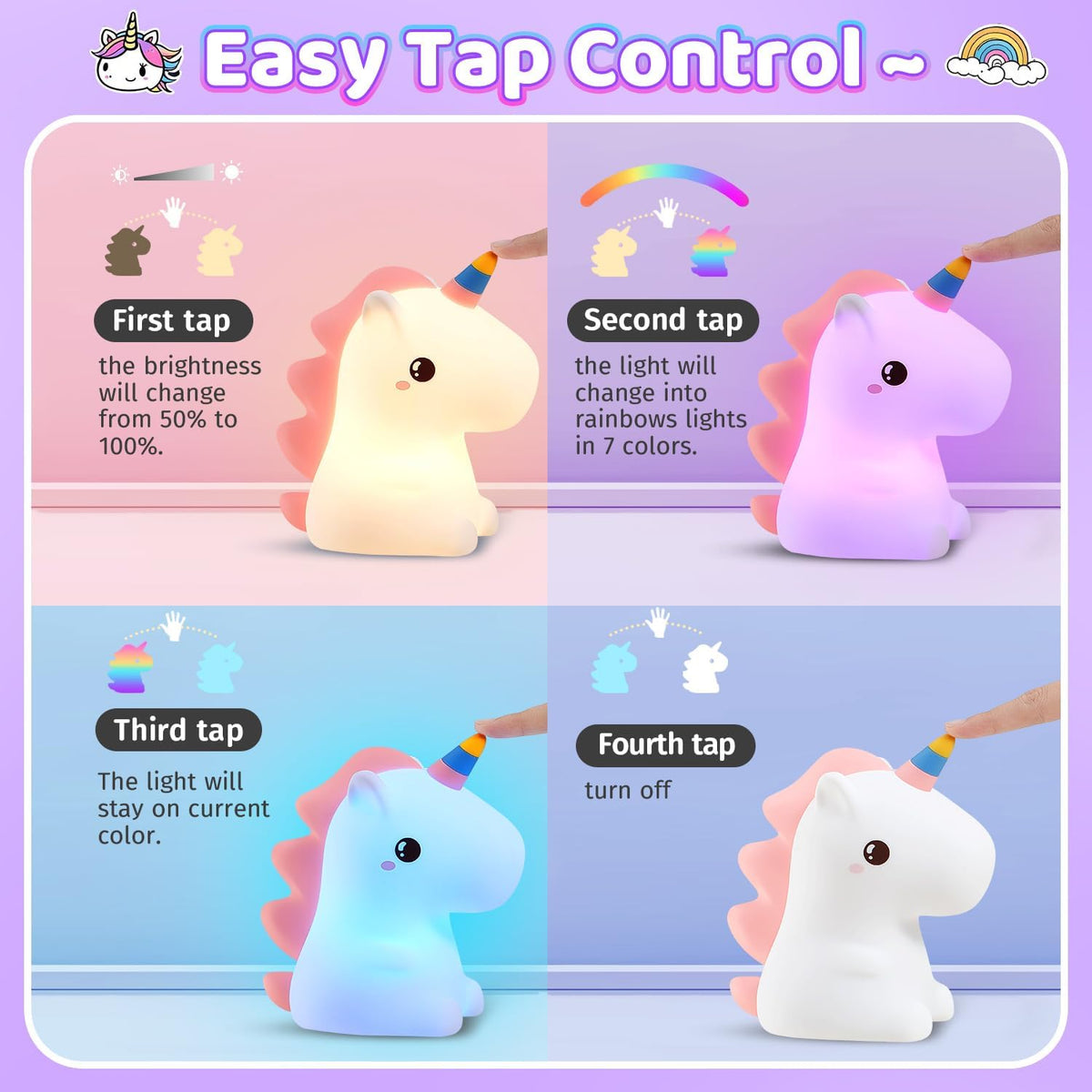 Rechargeable Unicorn LED Night Light for Kids – Dimmable Soft Silicone Nursery Lamp