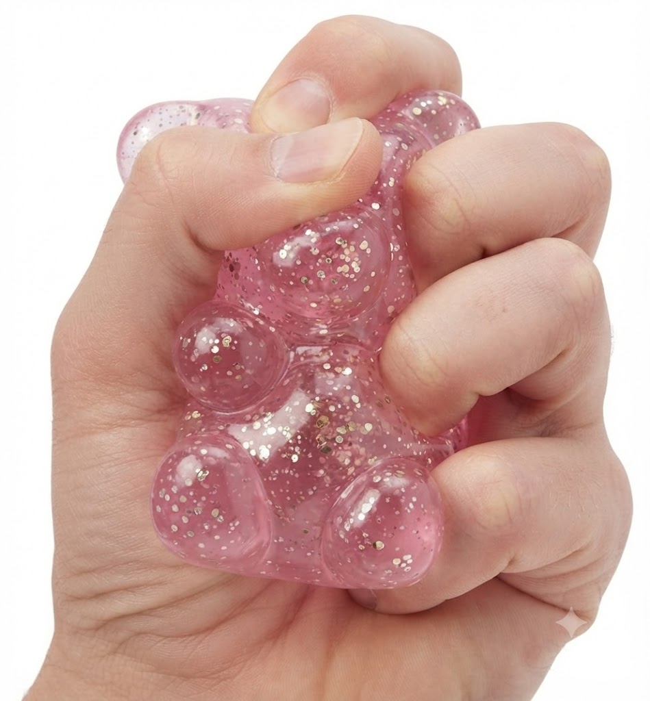 Sparkly Pink Gummy Bear Stress Relief Squeeze Toy – Sensory Fidget Ball with Gold Glitter