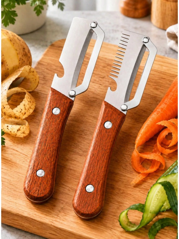 2-in-1 Multi-Functional Vegetable & Fruit Peeler – Stainless Steel Blade with Wooden Handle & Bottle Opener (Pack of 2)