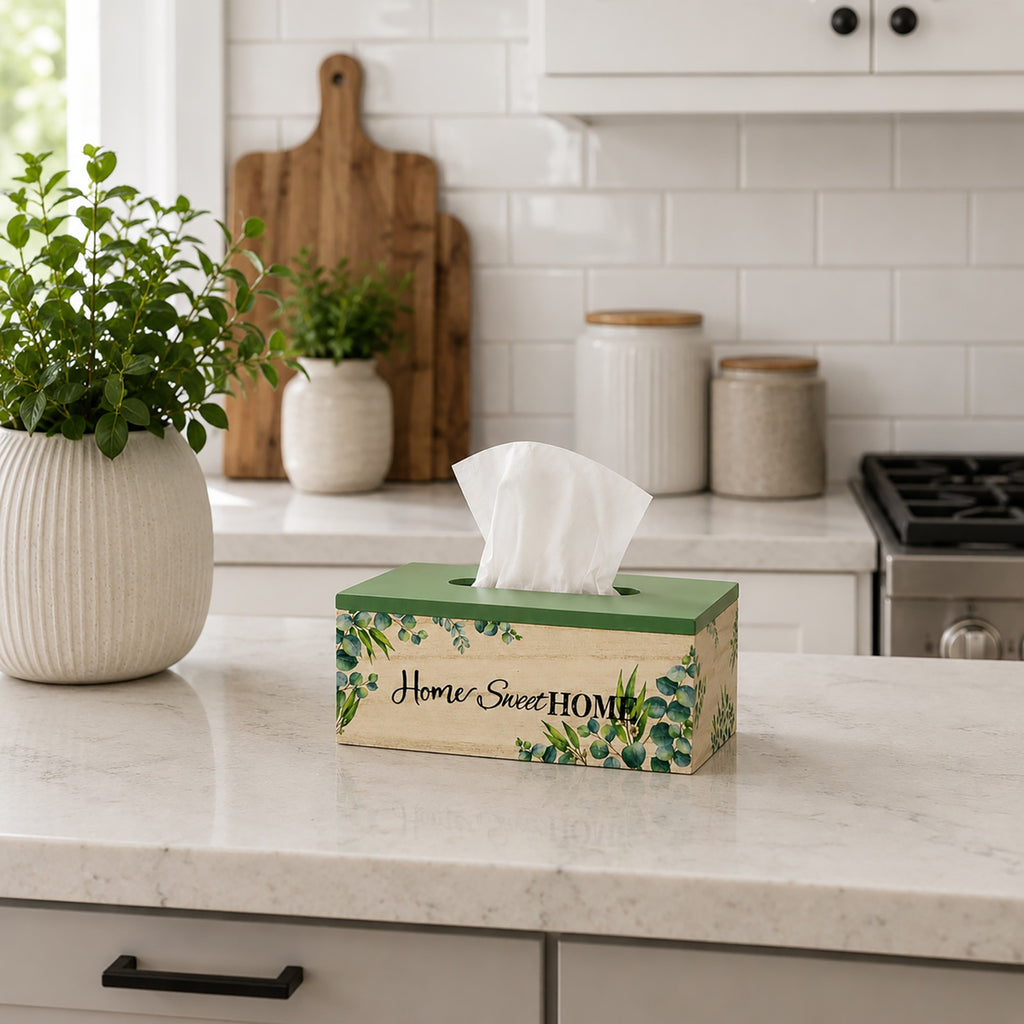 Home Sweet Home" Wooden Tissue Box Holder – Farmhouse Decorative Tissue Dispenser for Bedroom & Living Room