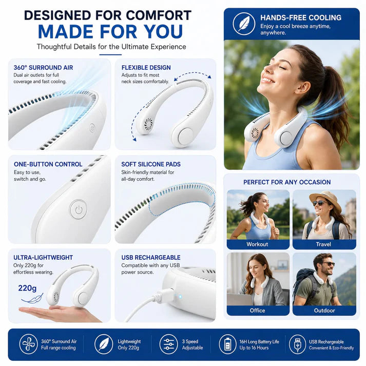Bladeless Neck Fan – Hands-Free Portable Cooling Fan, USB Rechargeable