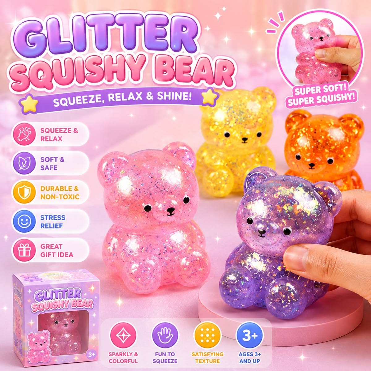 Sparkly Pink Gummy Bear Stress Relief Squeeze Toy – Sensory Fidget Ball with Gold Glitter