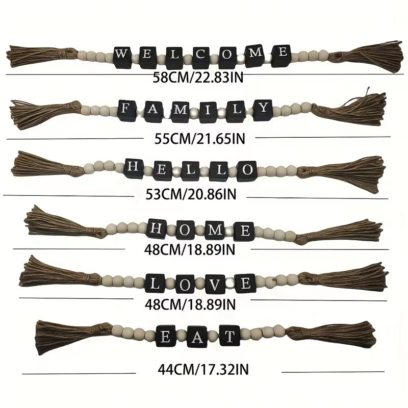 Wooden Bead Garland with Tassels – 27 Inch Family Home Decor Chain for Tabletop, Shelf & Hanging