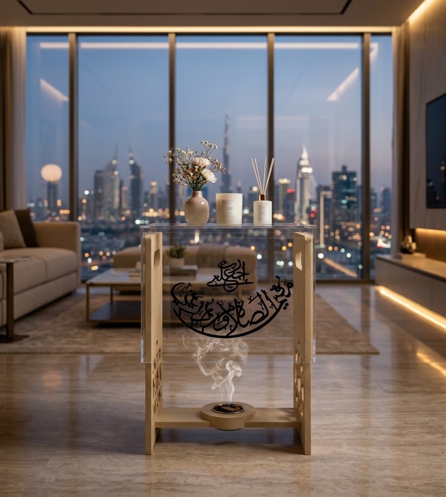 Luxury Bakhoor Side Table – Acrylic & Wood Islamic Decor(40x40x56cm)