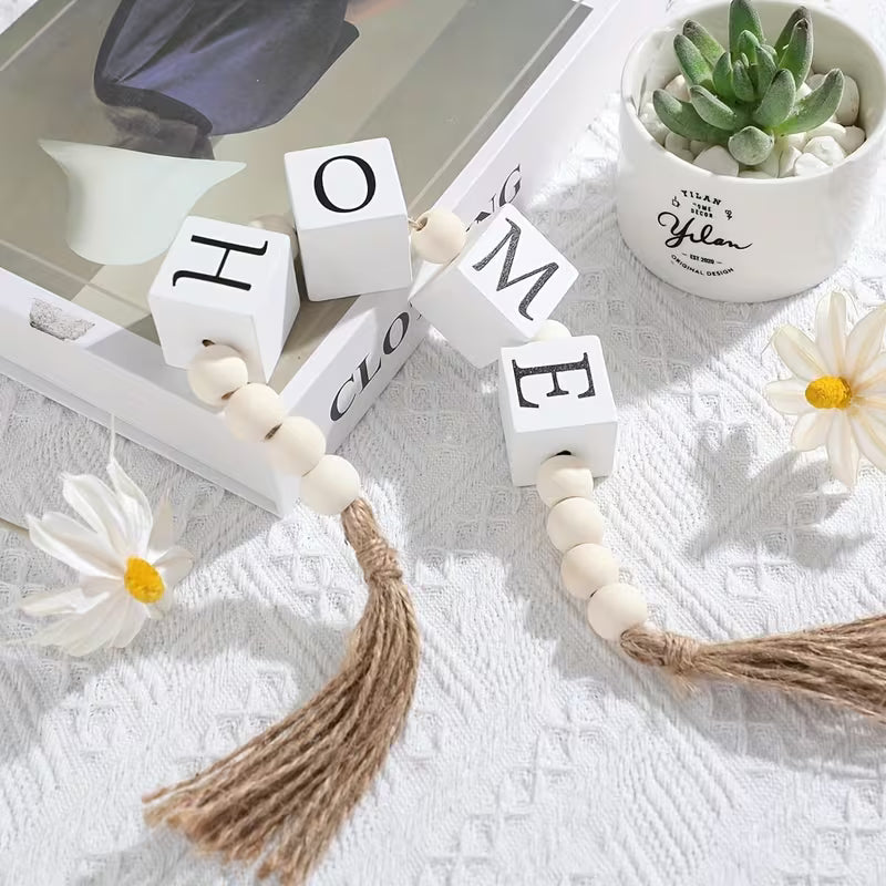 Wooden Bead Garland with Tassels – 27 Inch Family Home Decor Chain for Tabletop, Shelf & Hanging