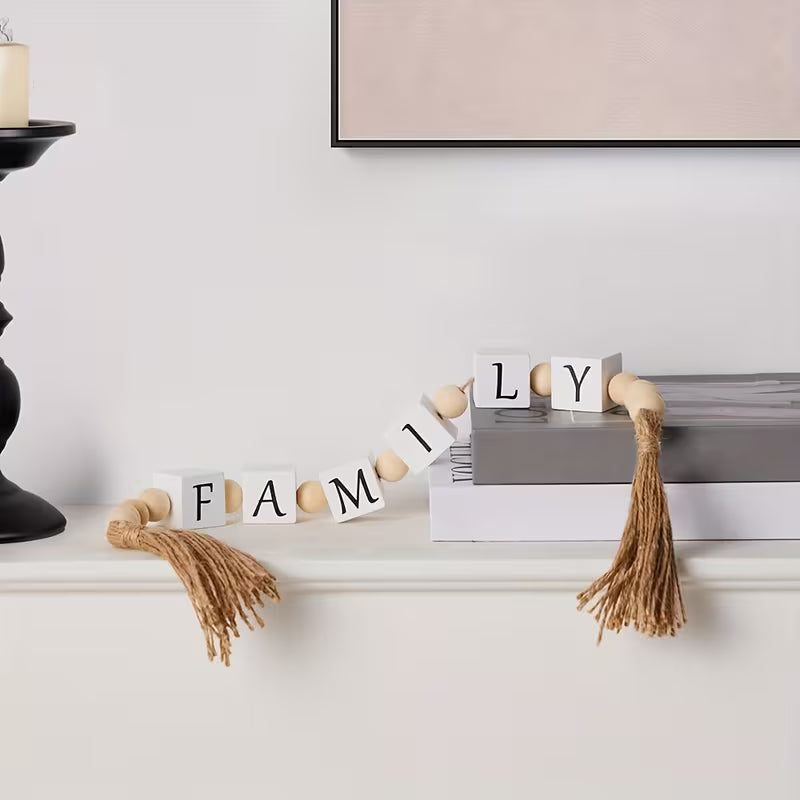 Wooden Bead Garland with Tassels – 27 Inch Family Home Decor Chain for Tabletop, Shelf & Hanging
