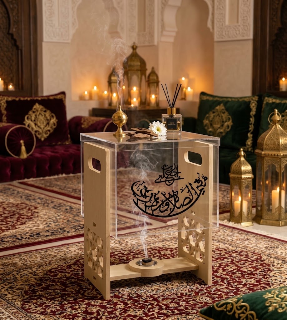 Luxury Bakhoor Side Table – Acrylic & Wood Islamic Decor(40x40x56cm)