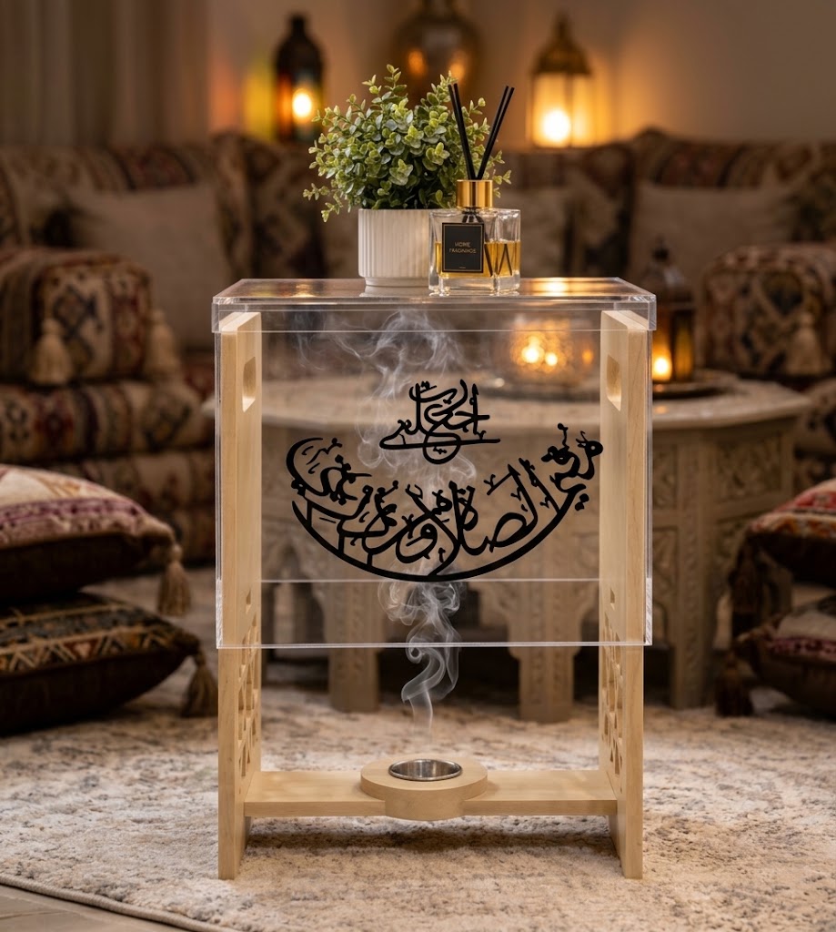 Luxury Bakhoor Side Table – Acrylic & Wood Islamic Decor(40x40x56cm)
